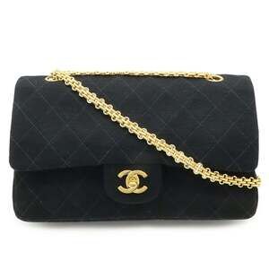 CHANEL Matelasse 25 Coco Mark Double Flap Chain Shoulder Bag, Black Cotton Je...
